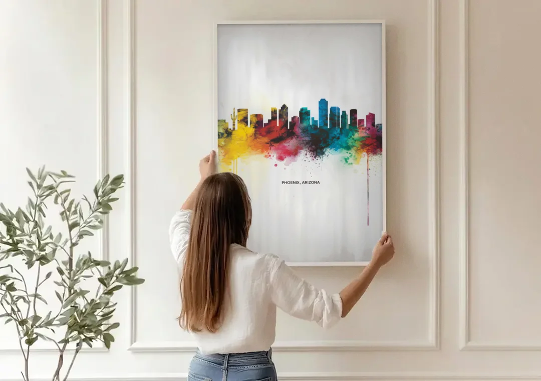 Phoenix Arizona Skyline View canvas wall art being hung on a paneled wall