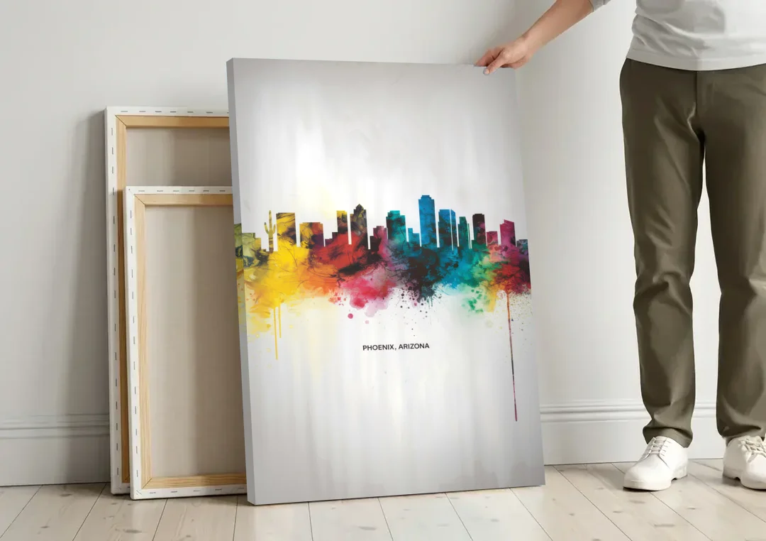 Phoenix Arizona Skyline View canvas wall art leaning against a wall next to blank canvases