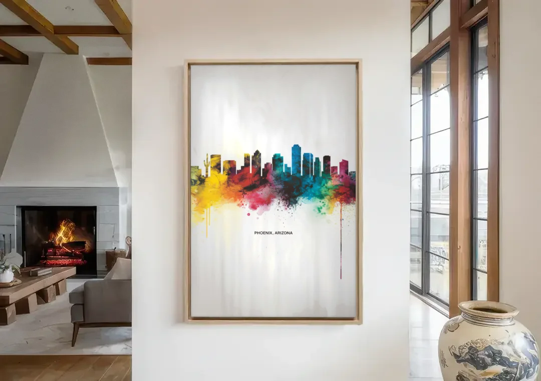 Phoenix Arizona Skyline View canvas wall art in a living room with a fireplace