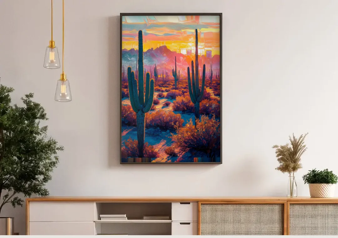 Phoenix Arizona Sunset Glow canvas wall art above a wooden sideboard under pendant lights