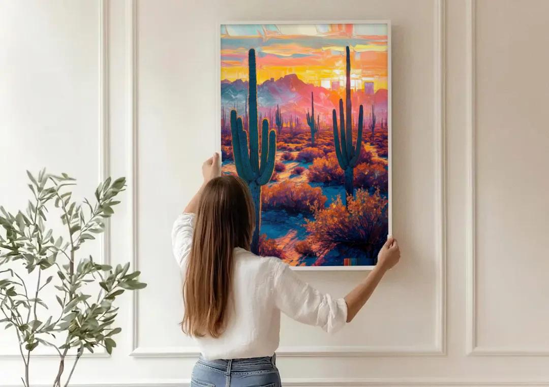 Phoenix Arizona Sunset Glow canvas wall art being hung on a paneled wall
