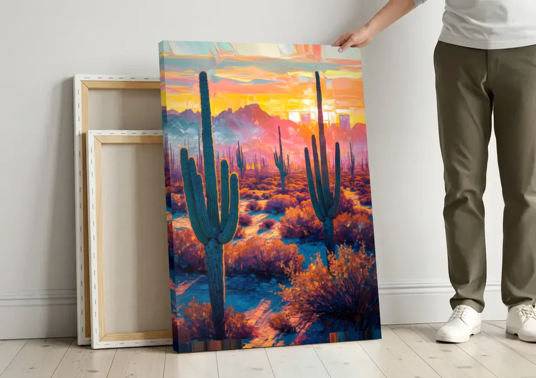 Phoenix Arizona Sunset Glow canvas wall art leaning against a wall next to blank canvases