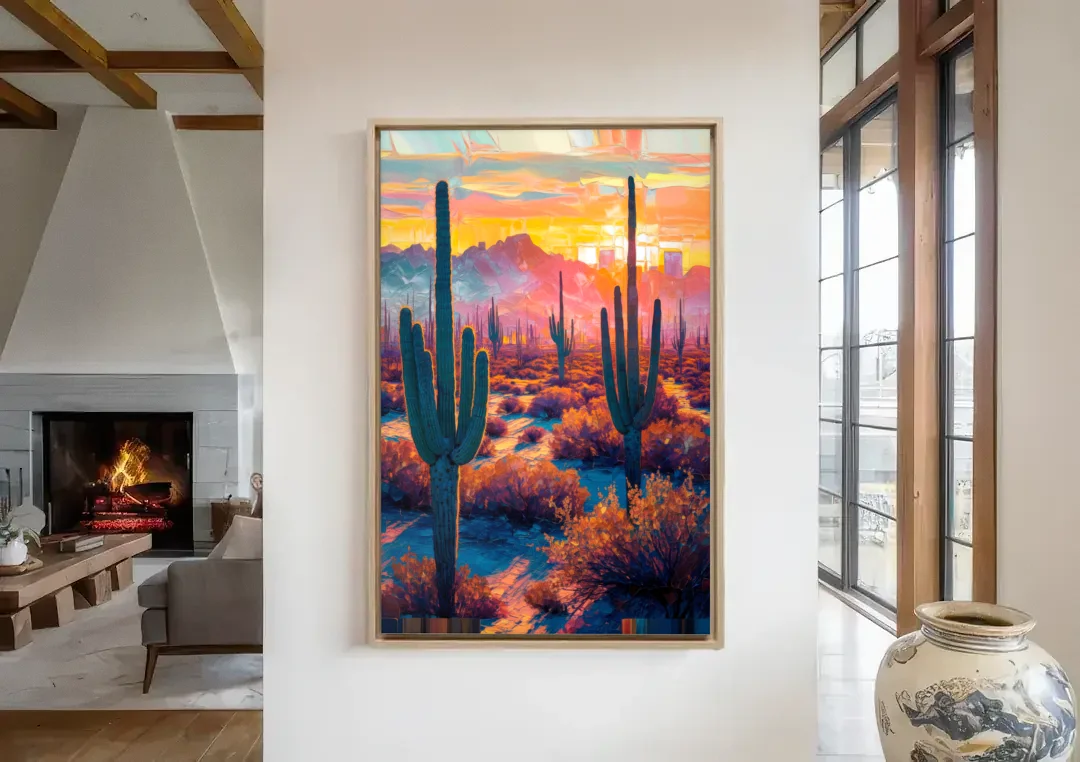 Phoenix Arizona Sunset Glow canvas wall art in a living room with a fireplace
