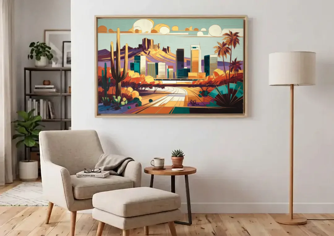 Phoenix Arizona Urban Art canvas wall art above an armchair in a bright living room
