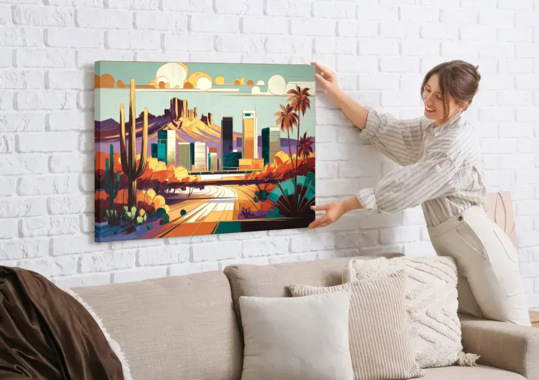 Phoenix Arizona Urban Art canvas wall art being hung on a white brick wall above a sofa