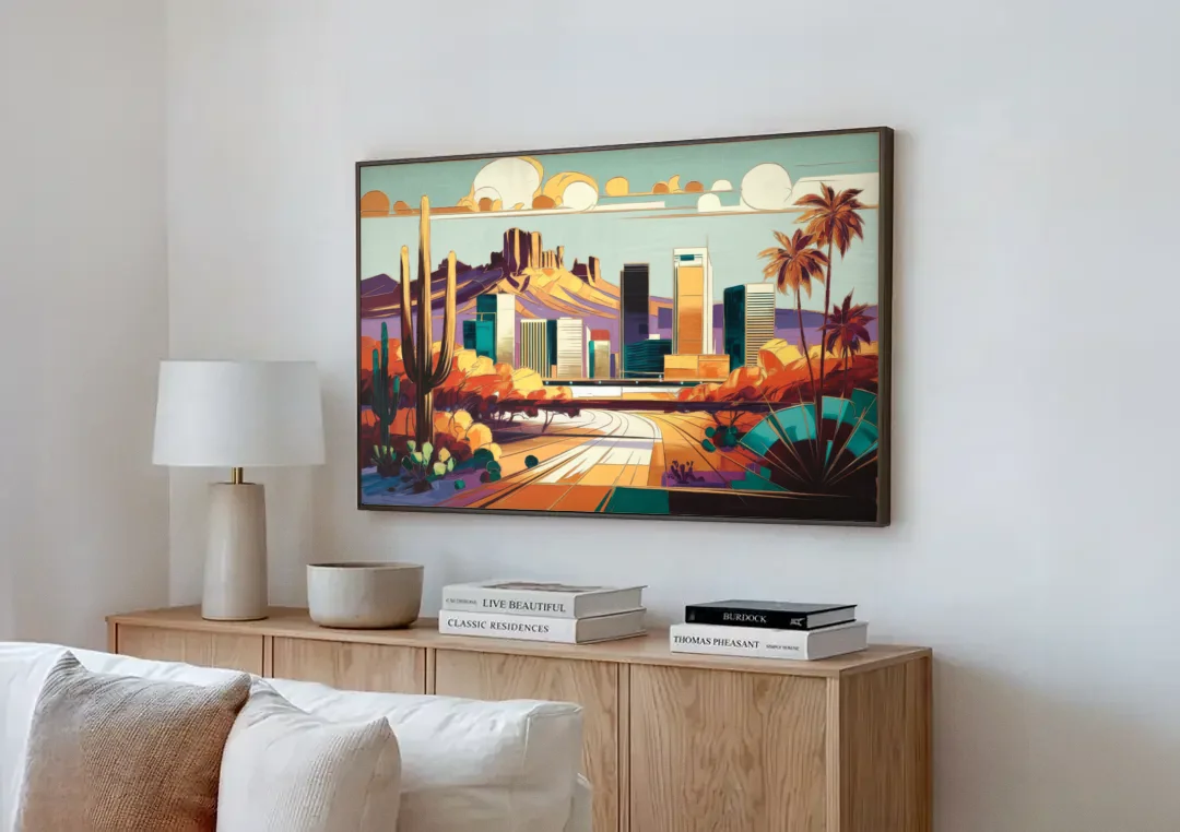 Phoenix Arizona Urban Art canvas wall art above a wooden sideboard next to a sofa