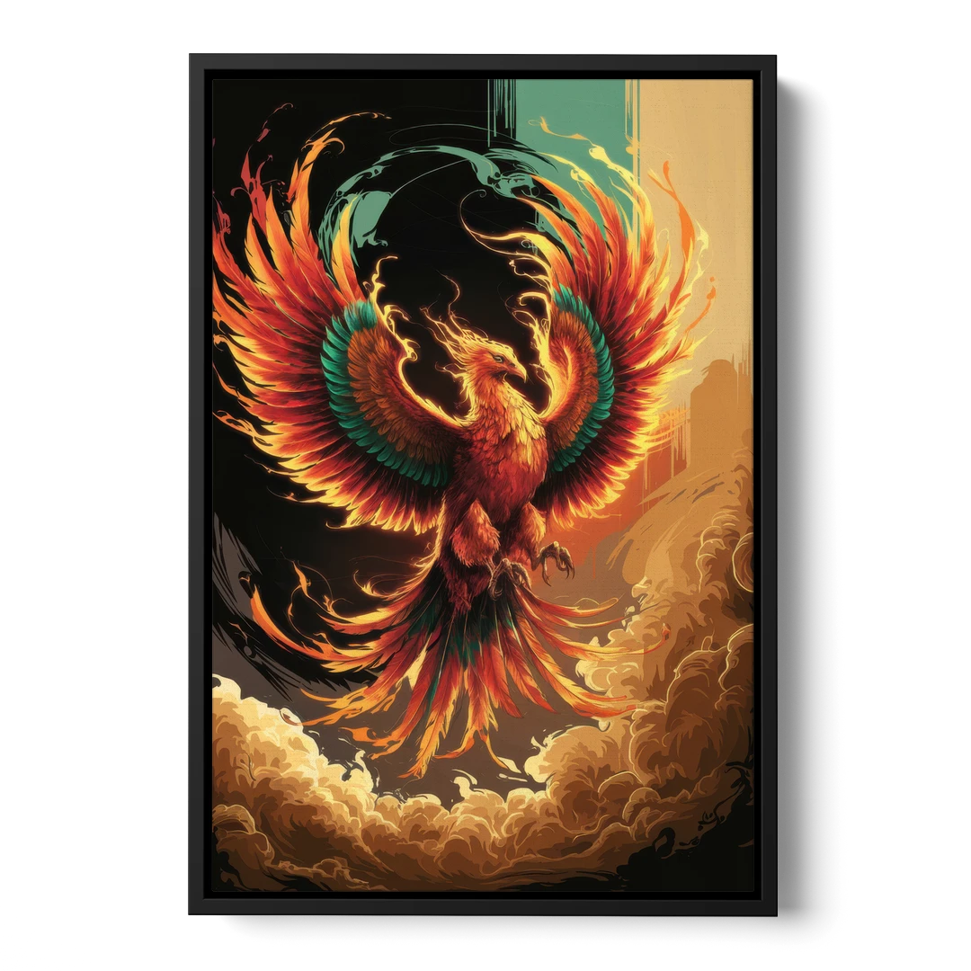 Phoenix Bird Abstract Artwork - Black Framed Canvas Wall Art - Front