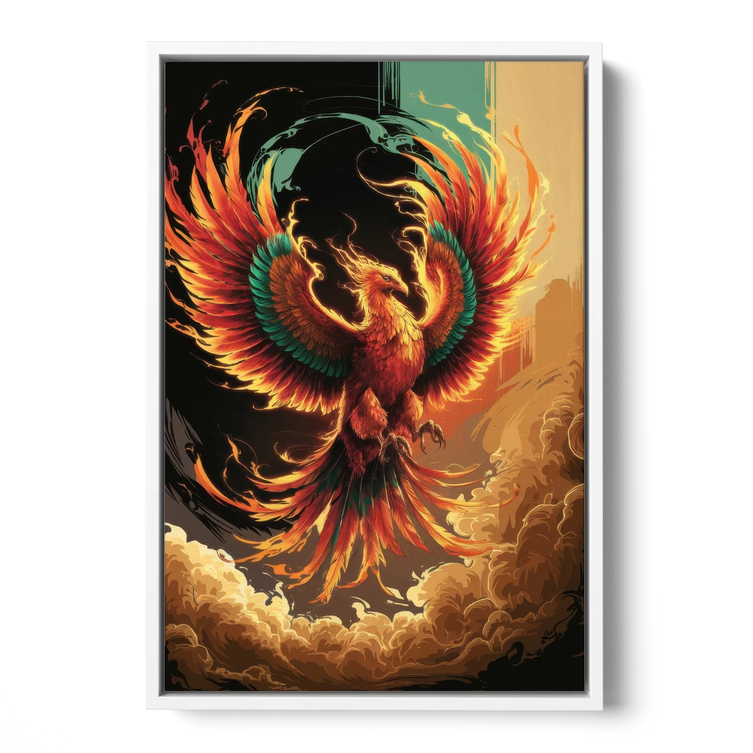 Phoenix Bird Abstract Artwork - White Framed Canvas Wall Art - Front
