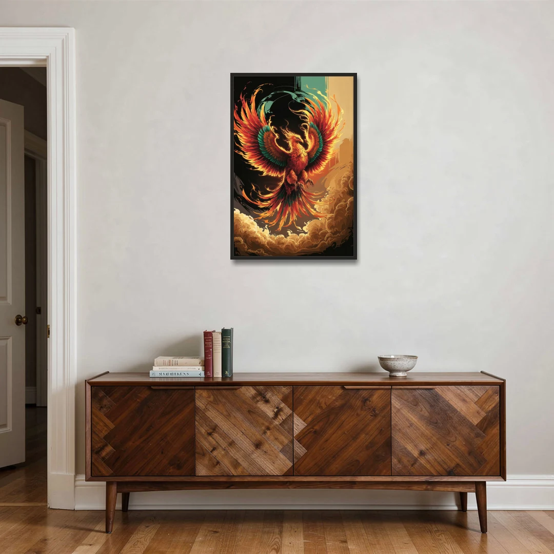 Phoenix Bird Abstract Artwork - Black Framed Canvas Wall Art - Coffee Table - 24x36