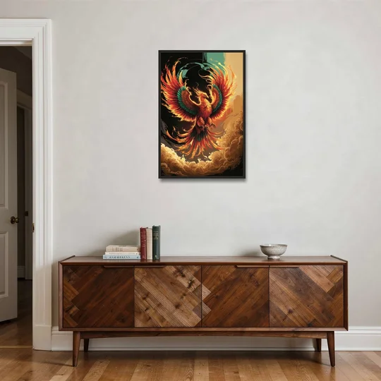 Phoenix Bird Abstract Artwork - Black Framed Canvas Wall Art - Coffee Table - 24x36