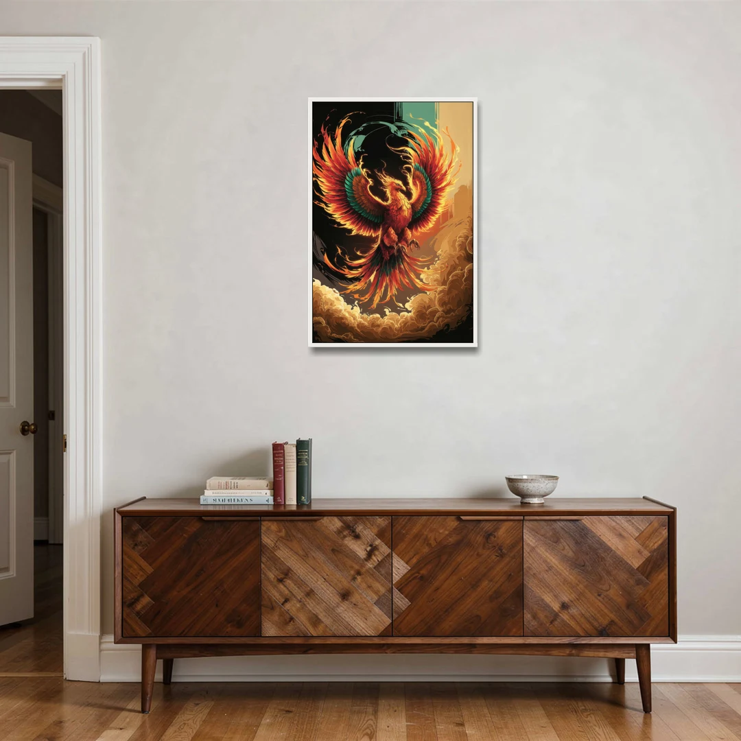 Phoenix Bird Abstract Artwork - White Framed Canvas Wall Art - Coffee Table - 24x36