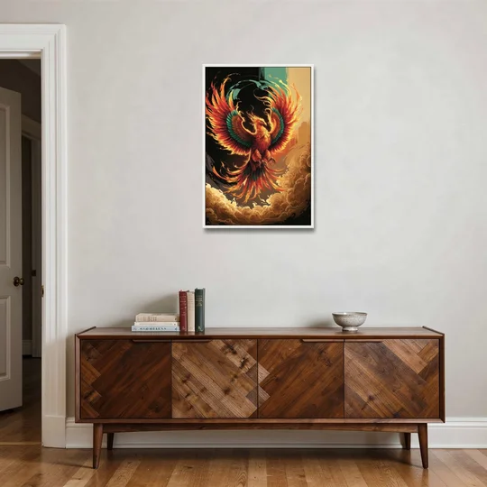 Phoenix Bird Abstract Artwork - White Framed Canvas Wall Art - Coffee Table - 24x36