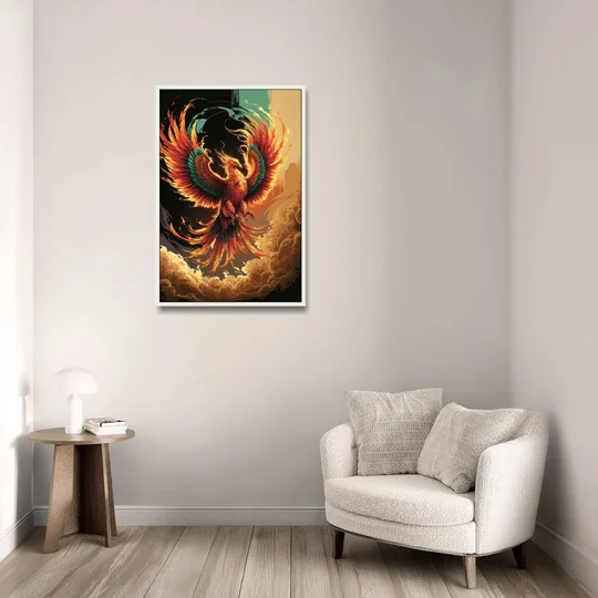 Phoenix Bird Abstract Artwork - White Framed Canvas Wall Art - Sofa - 24x36