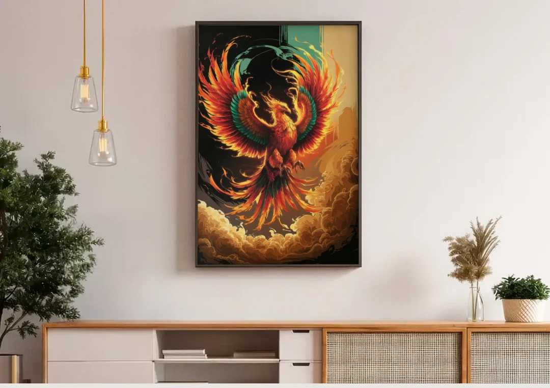 Phoenix Bird Abstract Artwork canvas wall art above a wooden sideboard under pendant lights