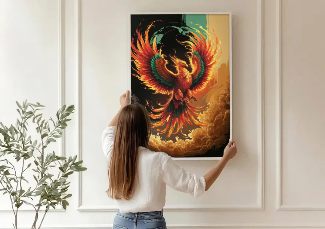 Phoenix Bird Abstract Artwork canvas wall art being hung on a paneled wall