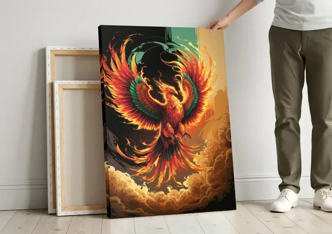 Phoenix Bird Abstract Artwork canvas wall art leaning against a wall next to blank canvases