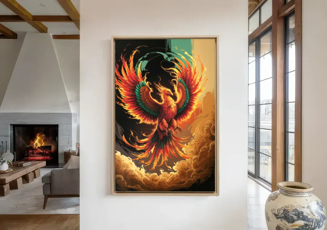 Phoenix Bird Abstract Artwork canvas wall art in a living room with a fireplace