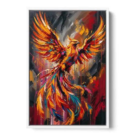 Phoenix Bird in Flight - White Framed Canvas Wall Art - Front