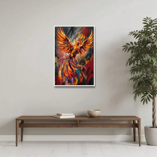 Phoenix Bird in Flight - White Framed Canvas Wall Art - Coffee Table - 24x36