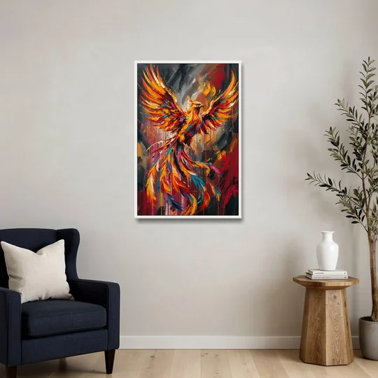 Phoenix Bird in Flight - White Framed Canvas Wall Art - Sofa - 24x36