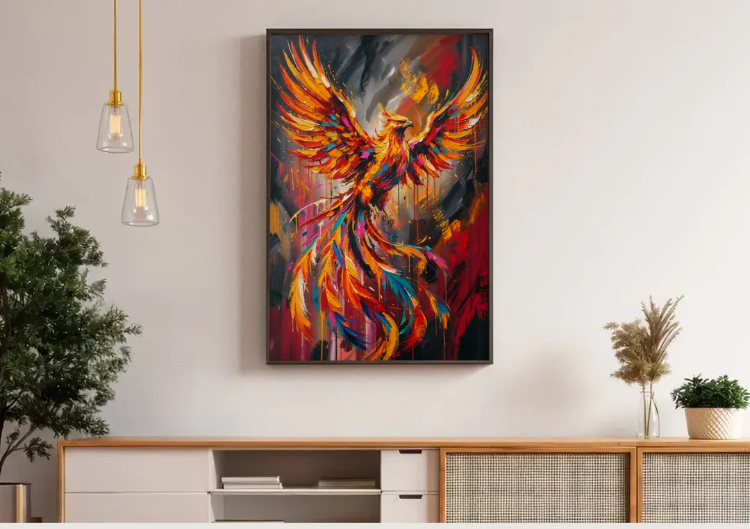 Phoenix Bird in Flight canvas wall art above a wooden sideboard under pendant lights