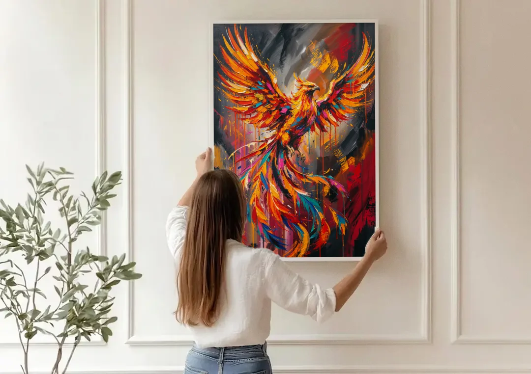 Phoenix Bird in Flight canvas wall art being hung on a paneled wall