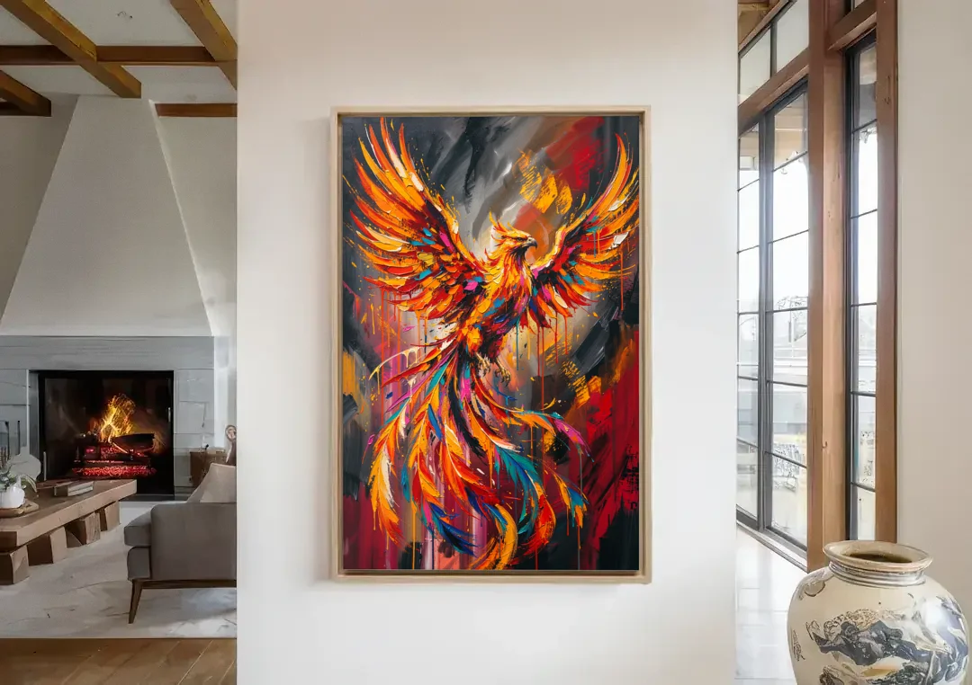 Phoenix Bird in Flight canvas wall art in a living room with a fireplace