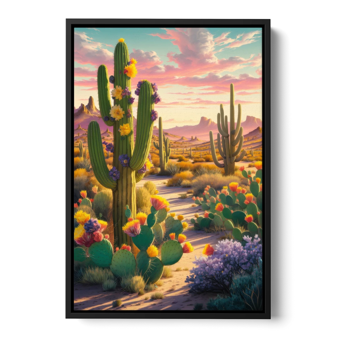 Phoenix Cactus Scene - Black Framed Canvas Wall Art - Front