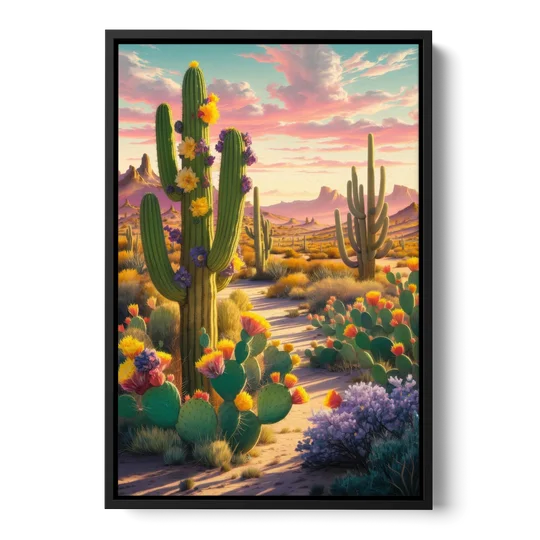 Phoenix Cactus Scene - Black Framed Canvas Wall Art - Front