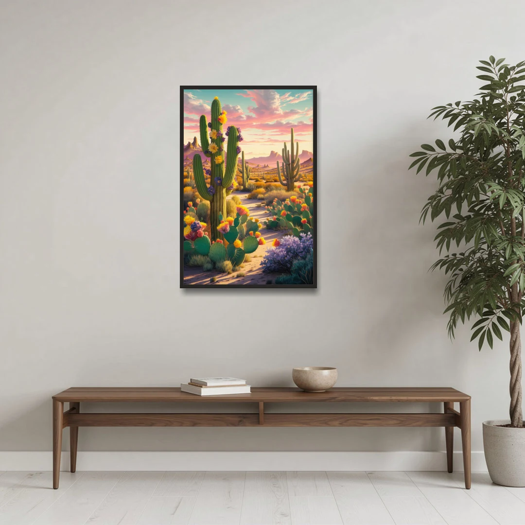 Phoenix Cactus Scene - Black Framed Canvas Wall Art - Coffee Table - 24x36