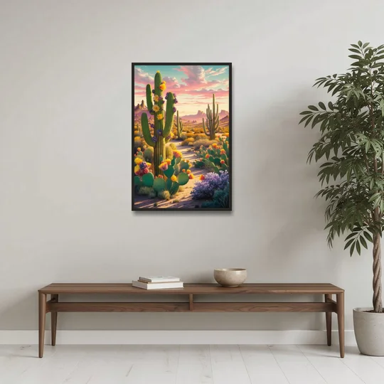 Phoenix Cactus Scene - Black Framed Canvas Wall Art - Coffee Table - 24x36