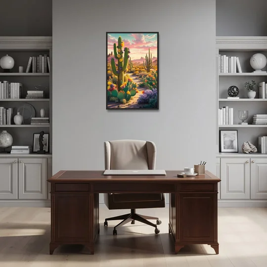 Phoenix Cactus Scene - Black Framed Canvas Wall Art - Office - 24x36