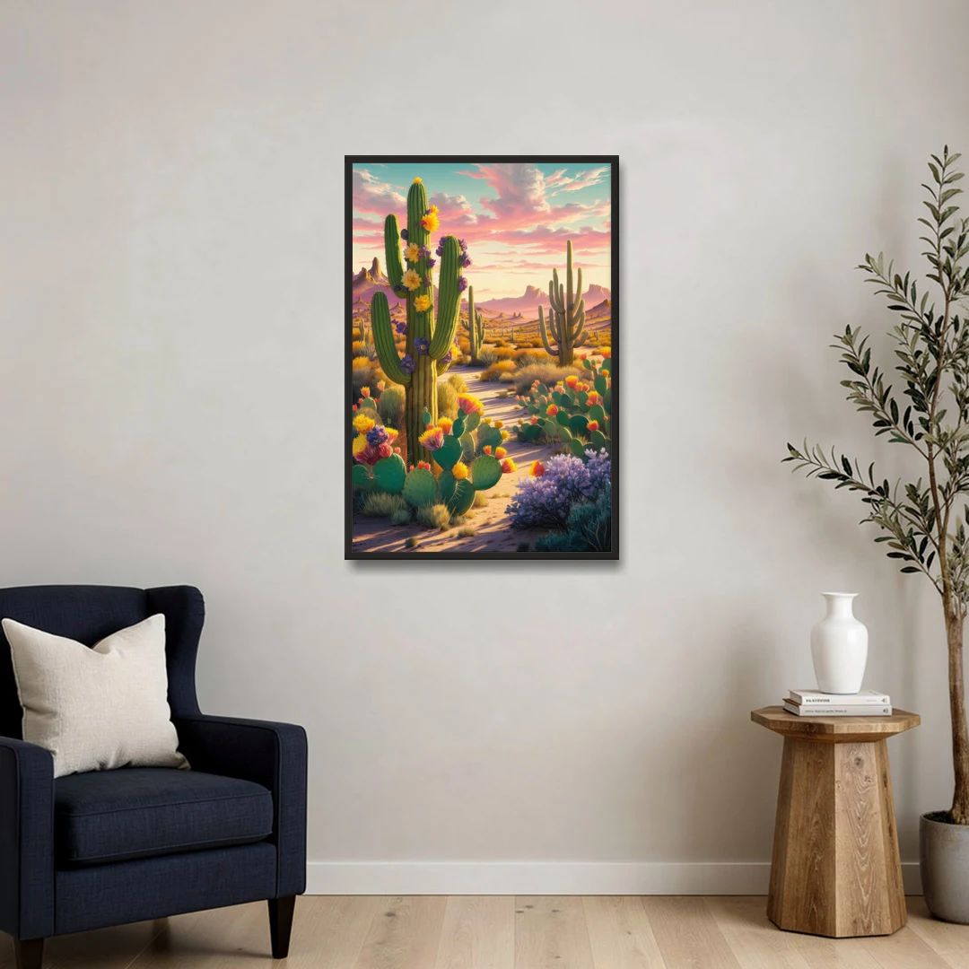 Phoenix Cactus Scene - Black Framed Canvas Wall Art - Sofa - 24x36