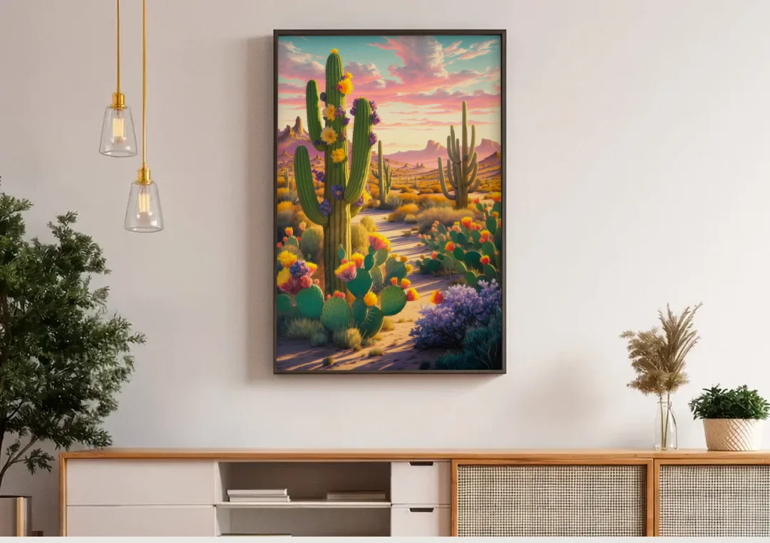 Phoenix Cactus Scene canvas wall art above a wooden sideboard under pendant lights