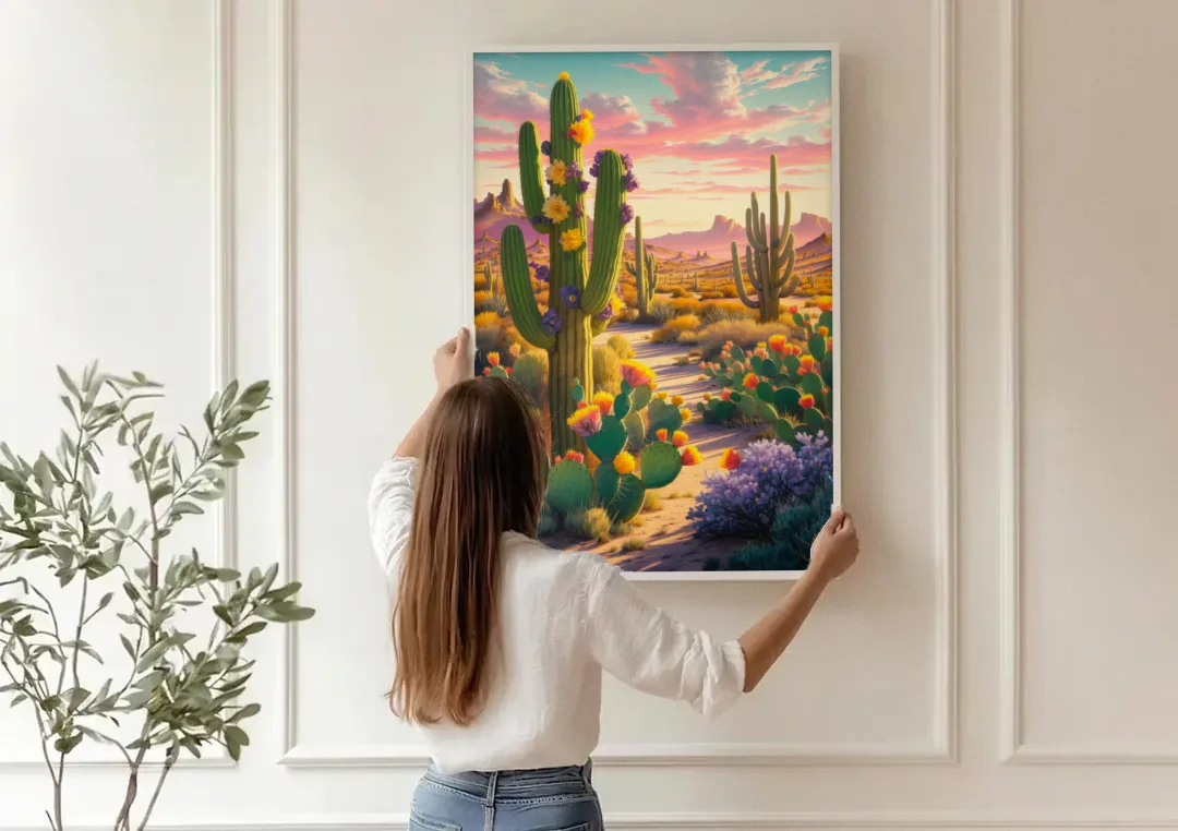 Phoenix Cactus Scene canvas wall art being hung on a paneled wall