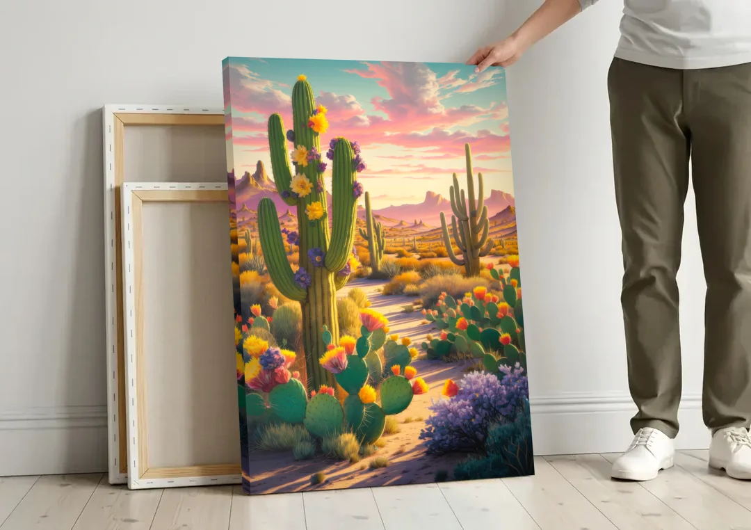 Phoenix Cactus Scene canvas wall art leaning against a wall next to blank canvases