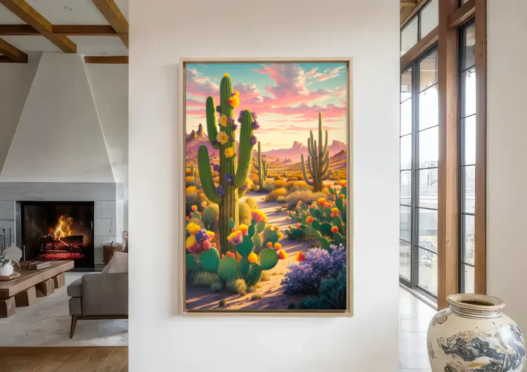 Phoenix Cactus Scene canvas wall art in a living room with a fireplace