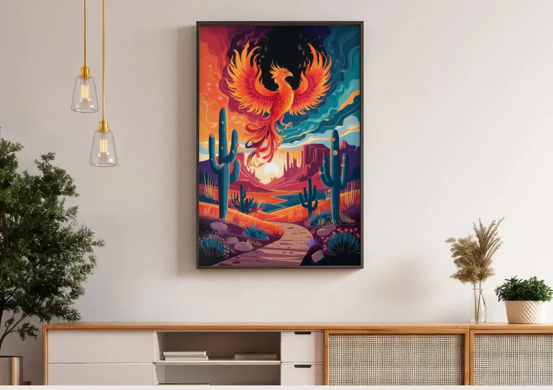 Phoenix Desert Landscape canvas wall art above a wooden sideboard under pendant lights