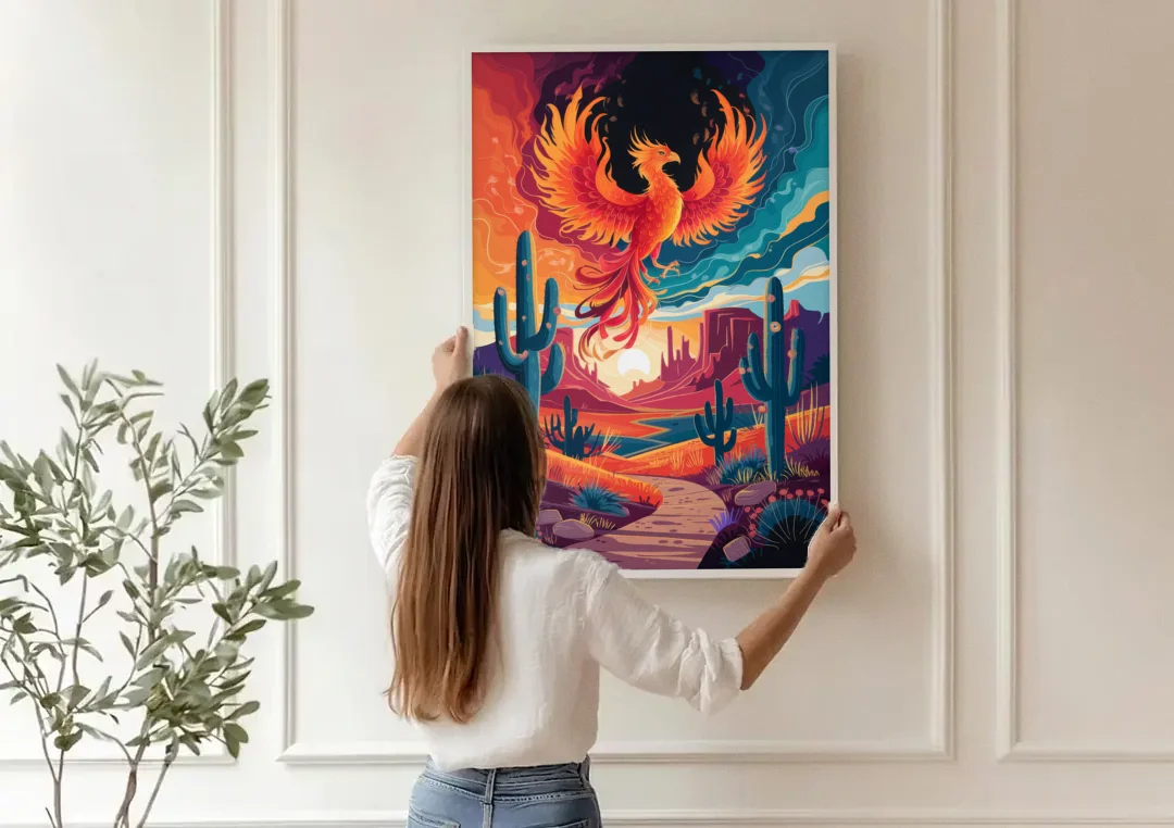 Phoenix Desert Landscape canvas wall art being hung on a paneled wall