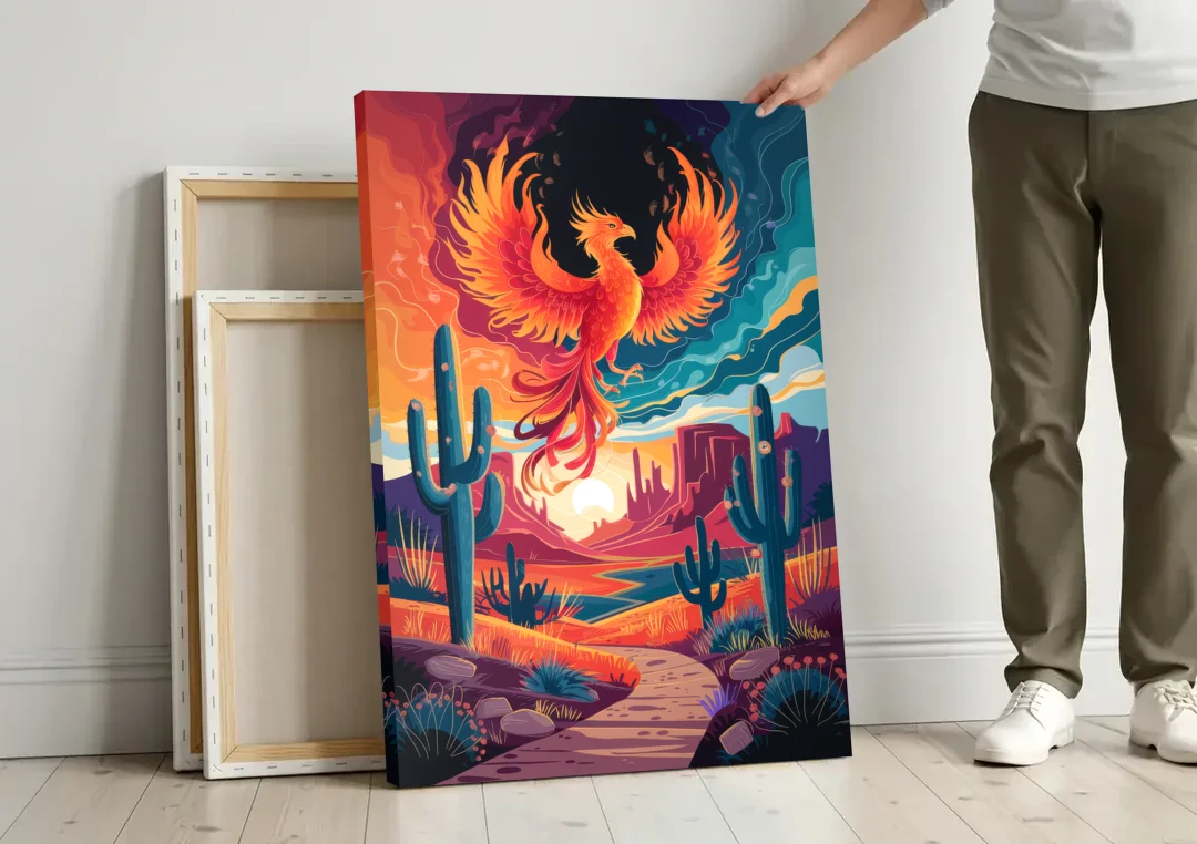 Phoenix Desert Landscape canvas wall art leaning against a wall next to blank canvases