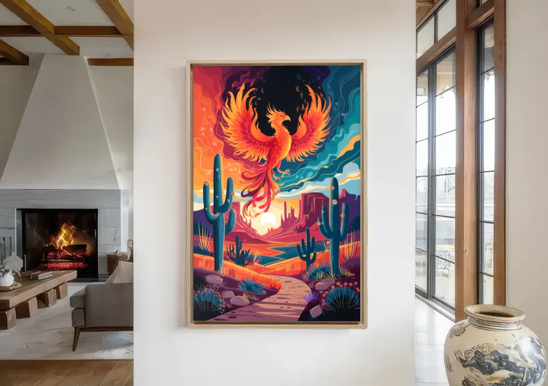 Phoenix Desert Landscape canvas wall art in a living room with a fireplace