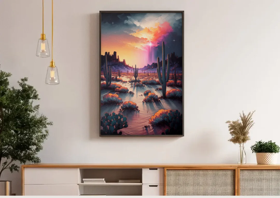 Phoenix Desert Twilight Glow canvas wall art above a wooden sideboard under pendant lights