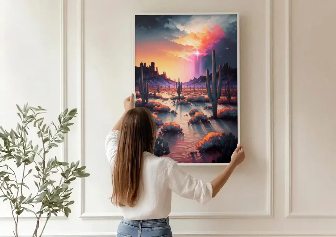 Phoenix Desert Twilight Glow canvas wall art being hung on a paneled wall