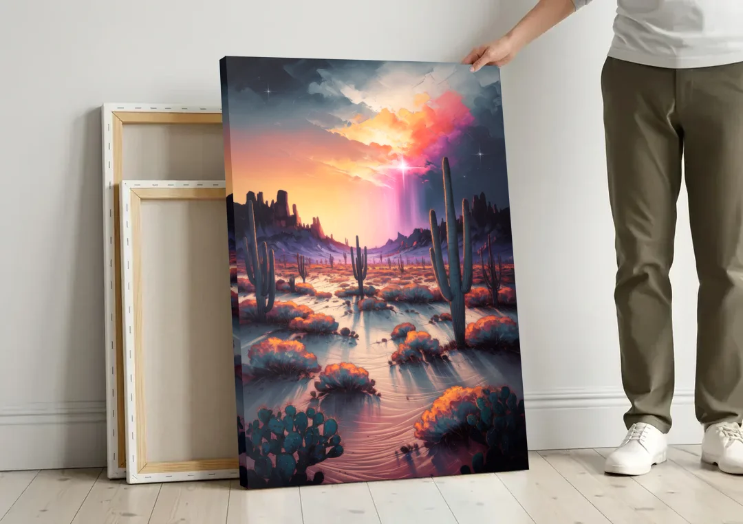 Phoenix Desert Twilight Glow canvas wall art leaning against a wall next to blank canvases