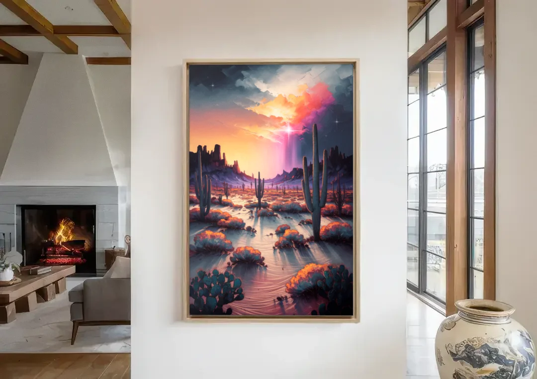 Phoenix Desert Twilight Glow canvas wall art in a living room with a fireplace