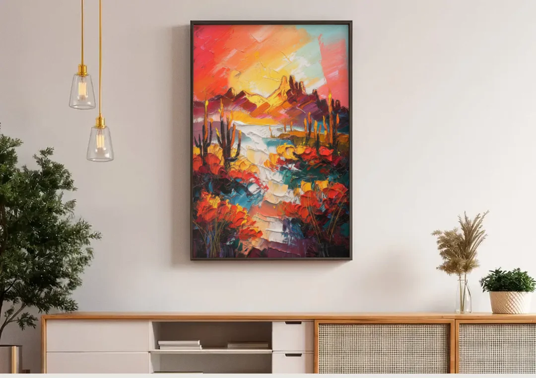 Phoenix Mountain Horizon canvas wall art above a wooden sideboard under pendant lights