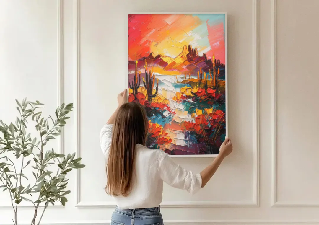 Phoenix Mountain Horizon canvas wall art being hung on a paneled wall