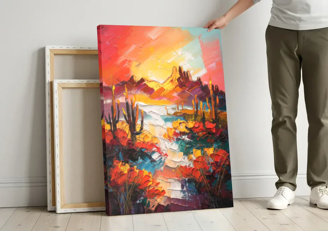 Phoenix Mountain Horizon canvas wall art leaning against a wall next to blank canvases