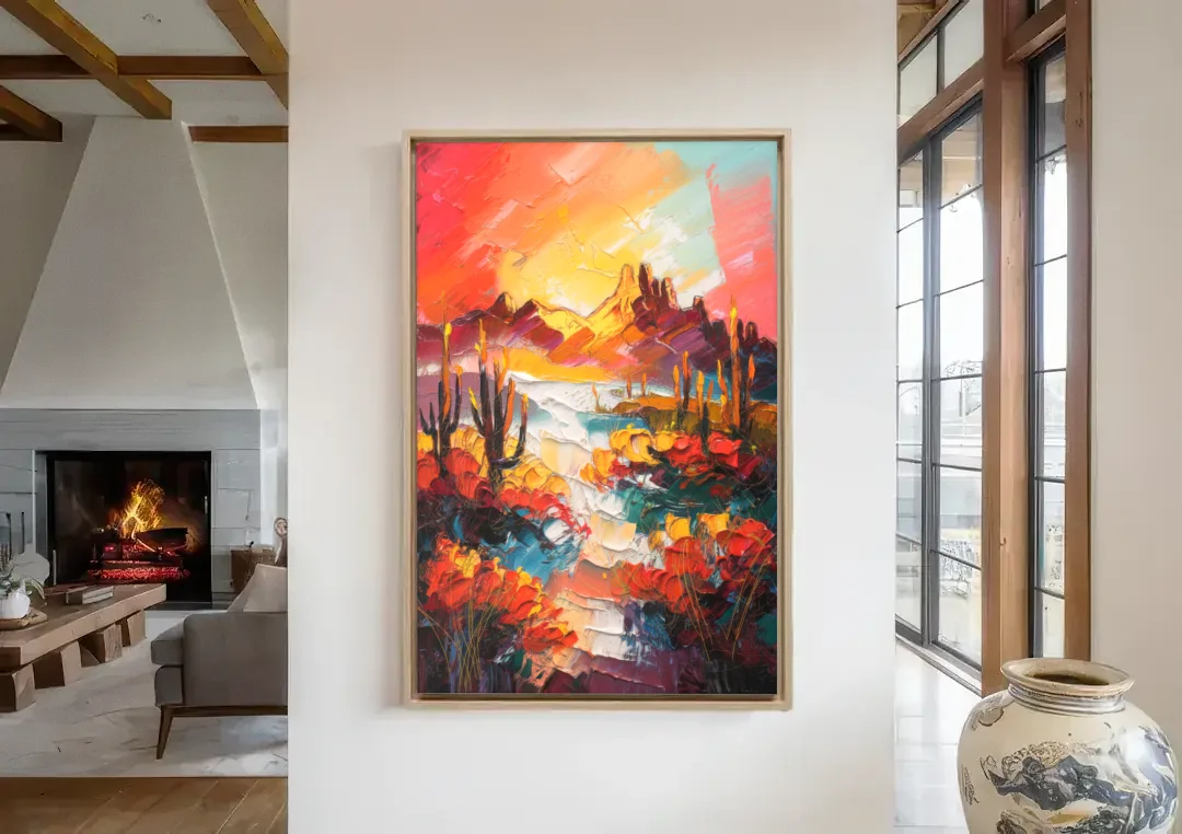 Phoenix Mountain Horizon canvas wall art in a living room with a fireplace