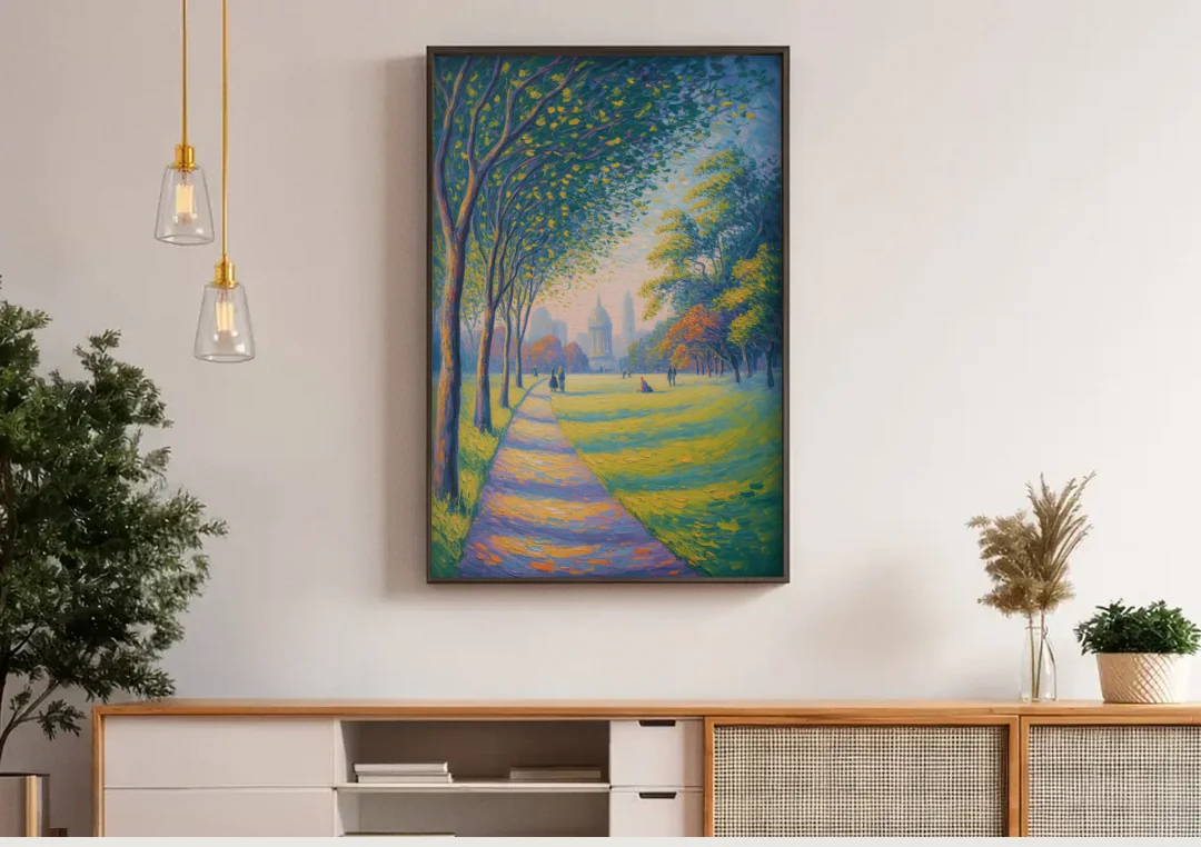 Phoenix Park Tranquility canvas wall art above a wooden sideboard under pendant lights